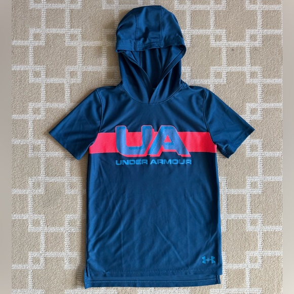 Under Armour HeatGear Hooded Tee Blue Logo Short Sleeve Kids YXL - Picture 8 of 8